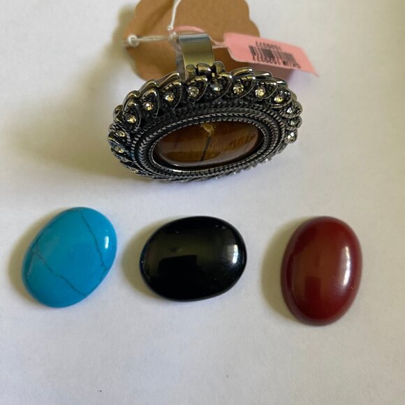 Exchangeable Gemstone Rocks Ring Stainless Steel W/Agate, Turquoise & Tiger Eye - Picture 3 of 8